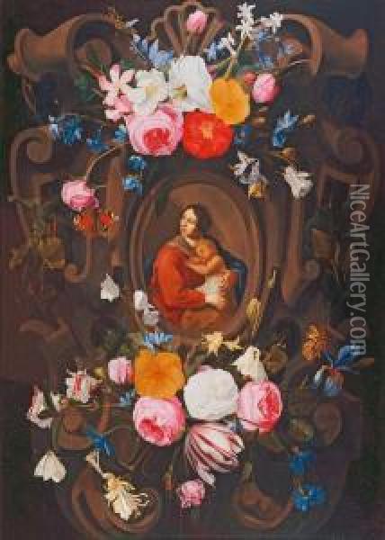 Garland Of Flowers Around A Cartouche Oil Painting - Jan Philip van Thielen