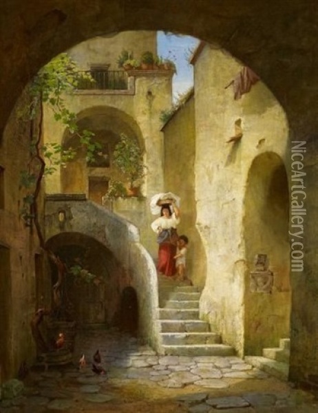 Im Innenhof Eines Italienischen Gehofts Oil Painting - Julius Muhr