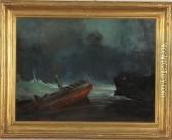 Seascape With Wrecked Boat Oil Painting - Henry Bayley Snell