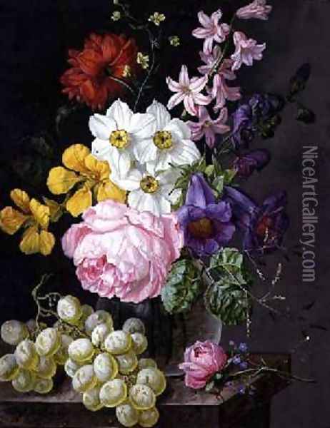 Roses Narcissi and flowers in a vase Oil Painting - Josef Lauer