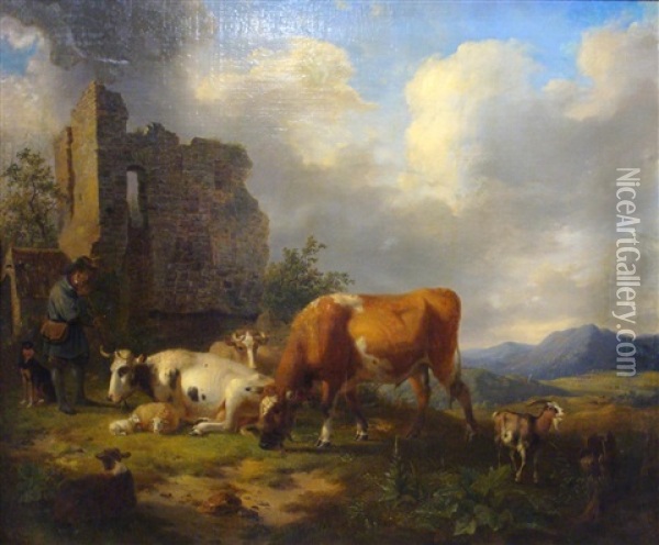 Farm Animals By Ruins Oil Painting - Dirck Oosterhout