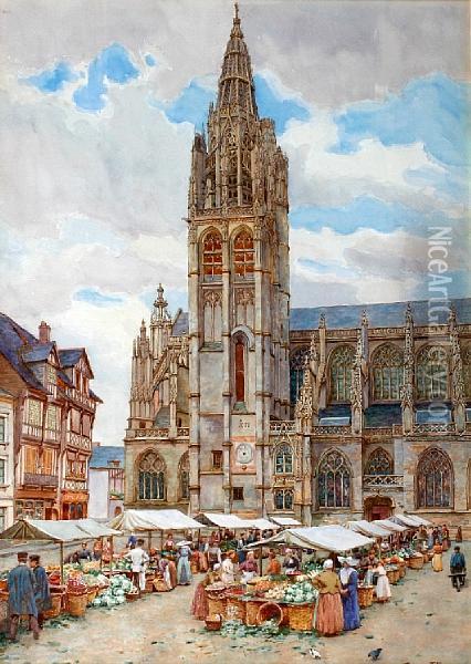Caudebec Church And Market Oil Painting - Thomas Ellison