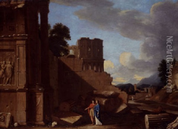 A Landscape With Classical Monuments And Figures Oil Painting - Jean (Lemaire-Poussin) Lemaire