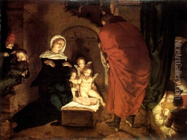 The Nativity With A Shep- Herb Playing The Bagpipe And      Children Singing Oil Painting - Aert (Aertgen) Claesz