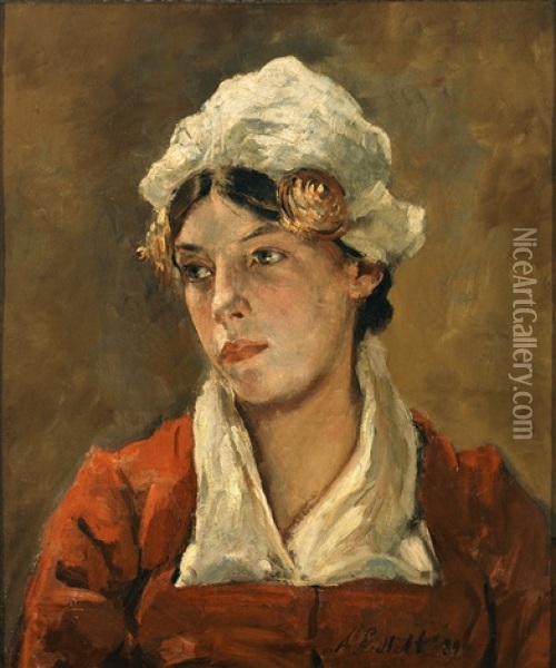 Portrait Einer Reizenden Jungen Frau Im Roten Kleid Oil Painting - Alois Erdtelt