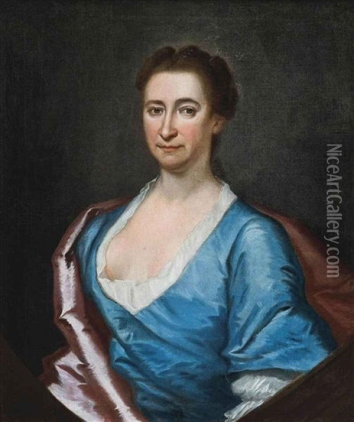 Portrait Of A Lady, In A Blue Dress And Pink Wrap Oil Painting - Jonathan Richardson