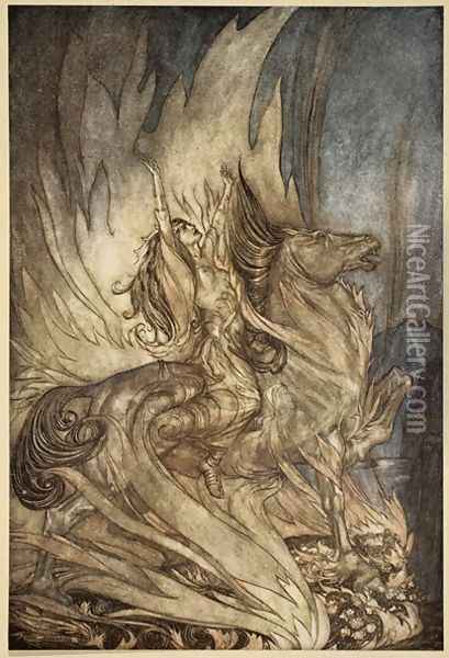 Brunnhilde on Grane leaps on to the funeral pyre of Siegfried, illustration from Siegfried and the Twilight of the Gods, 1924 Oil Painting - Arthur Rackham