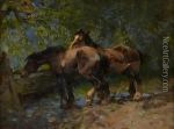 Horses Watering Oil Painting - William Bradley Lamond