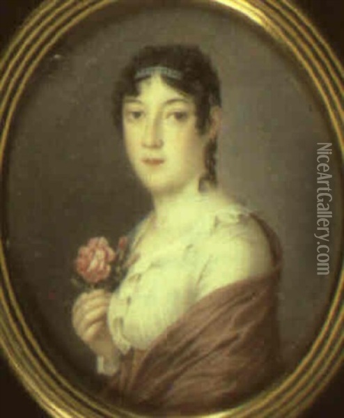 Portrait Of A Lady Holding A Pink Rose Oil Painting - Jose Delgado Y Meneses
