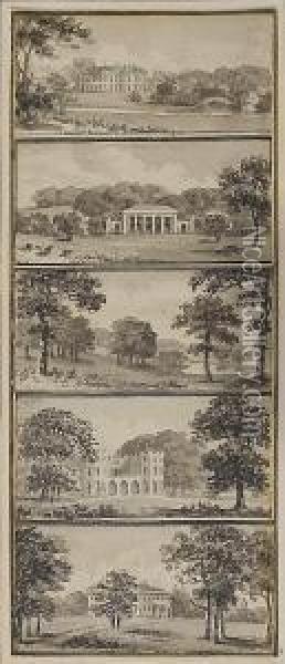 Ten Views Of English Country Houses On Two Sheets Together With A Bound Book, Watercolours, Sketches, Prints, Newspaper Cuttings And Notes On The Repton Family Oil Painting - Humphrey Repton