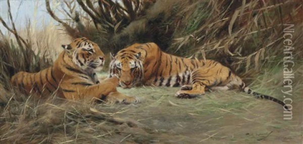Tigers At Dawn Oil Painting - Wilhelm Friedrich Kuhnert