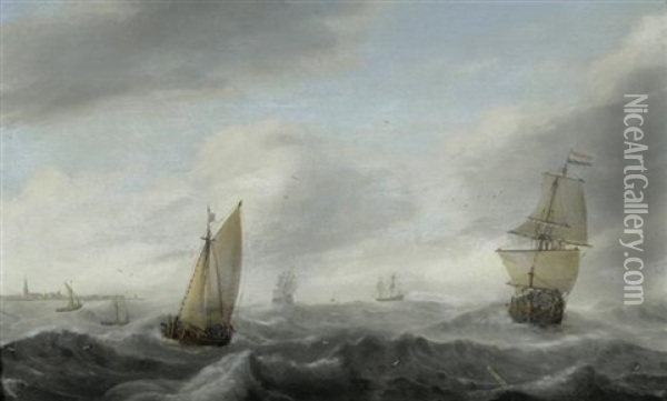 Hollandische Schiffe Vor Der Kuste Einer Stadt Mit Kirchturm Oil Painting - Willem van Diest