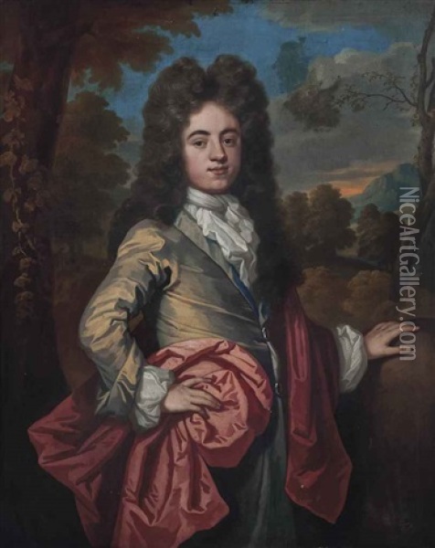 Portrait Of Sir John Harpur, 4th Baronet (1679-1741), Three-quarter-length, In A Yellow Coat, With A Red Wrap, In A Landscape Oil Painting - John Kerseboom