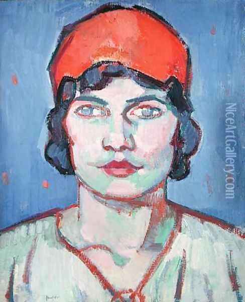 Portrait of a Girl, Red Bandeau, c.1912 Oil Painting - Samuel John Peploe