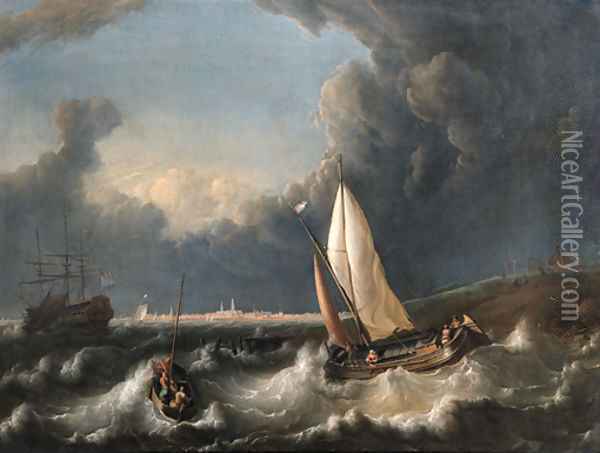 A storm off Hoorn with a wijdschip going about and a pink with its lowered sail Oil Painting - Ludolf Backhuyzen