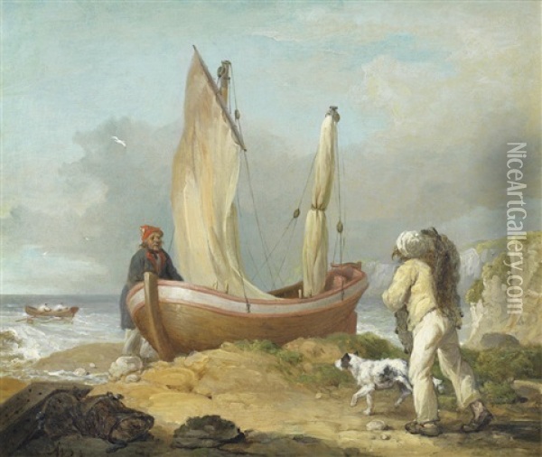 Fishermen With Their Boat Oil Painting - James Ward