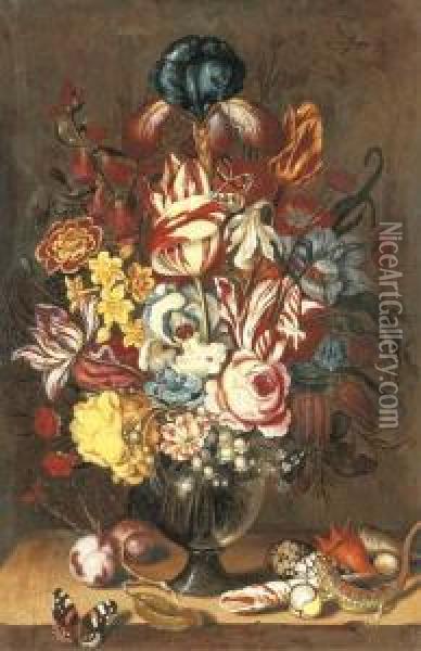 Tulips, Peonies, Narcissi And 
Other Flowers In A Glass Vase With Plums, Seashells, A Butterfly And A 
Lizard On A Ledge Oil Painting - Ambrosius the Younger Bosschaert