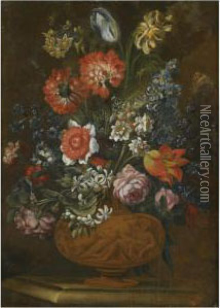 A Still Life With Various Flowers In A Bronze Urn On A Ledge Oil Painting - Andrea Scaccati
