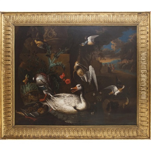 Wild Fowl With Landscape And Figures Oil Painting - Adriaen van Oolen