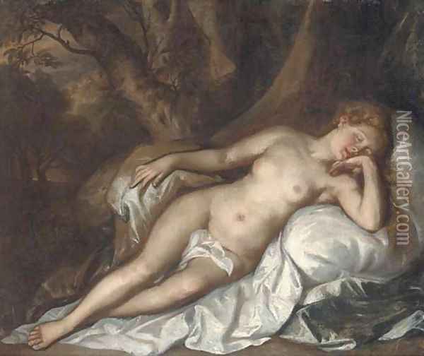 Study of a sleeping nymph in a woodland landscape Oil Painting - Tiziano Vecellio (Titian)