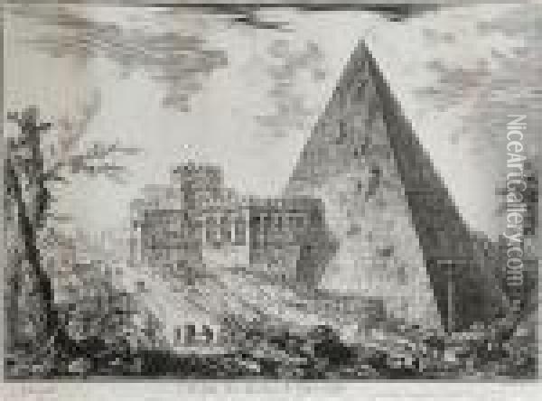 The Pyramid Of Caius Cestius, With The Porta S. Paolo (hind 35) Oil Painting - Giovanni Battista Piranesi