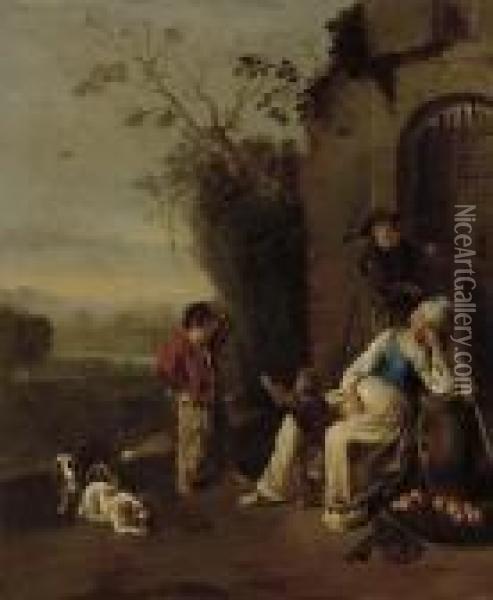 A Peasant Family Resting Before A Ruin In A Landscape Oil Painting - Jan Miel