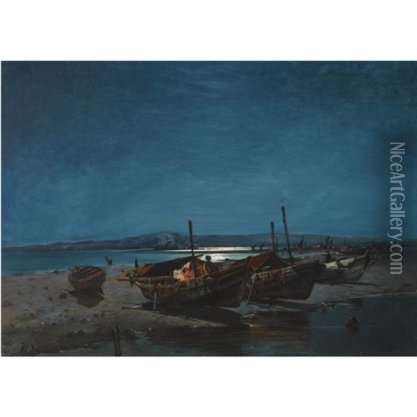Fishing Boats By Moonlight Oil Painting - Vasilios Chatzis