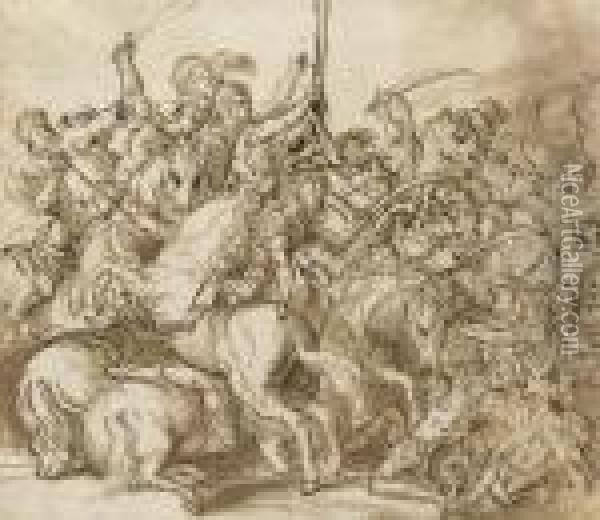 A Battle Scene Oil Painting - Domenico Campagnola