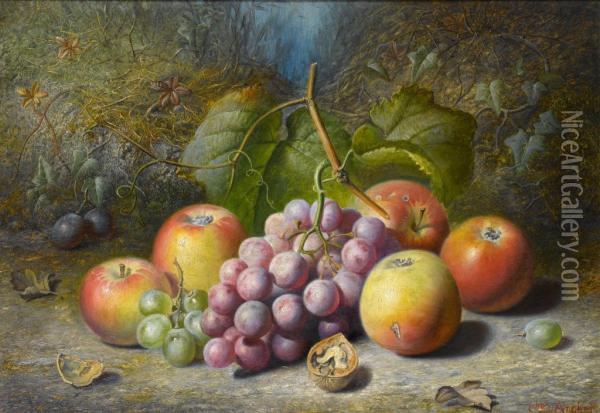 Still Life With Apples Grapes Damsons And A Walnut On A Mossy Bank Oil Painting - Charles Archer