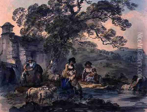 Peasants Washing Sheep in Cwm Rheidol Cardiganshire Oil Painting - Julius Caesar Ibbetson