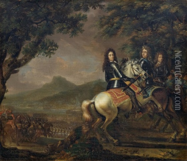 Three Military Leaders On Horseback Positioned On A Hill Before The Troops Oil Painting - Barend Van Kalraet