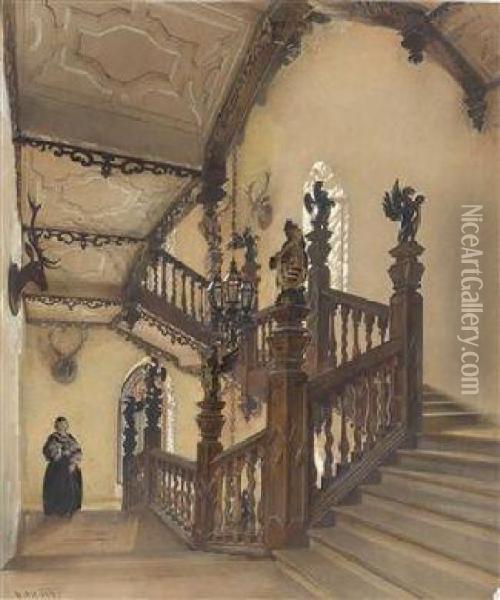 On The Staircase At Castle Rozmberk On The Vltava Oil Painting - Rudolf Ritter von Alt