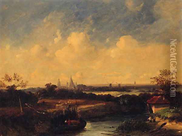 Figures on a Hay Barge with Windmills and a Church beyond Oil Painting - James Stark