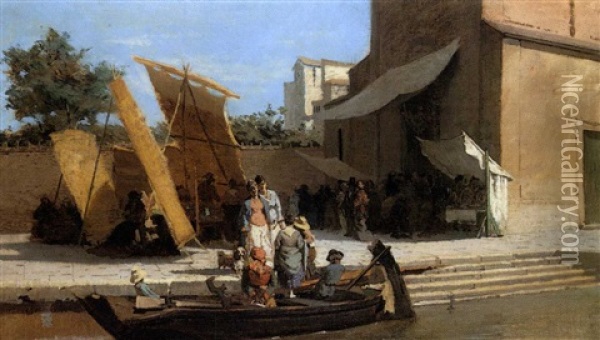 Imbarco Al Canale - Venezia Oil Painting - Egisto Lancerotto