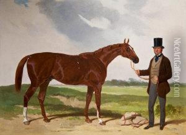 Racehorse With Trainer Oil Painting - Harry Hall