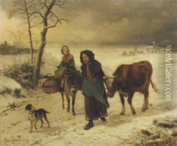 Farmgirls On A Path In Winter Oil Painting - Louis Simon Cabaillot Lassalle
