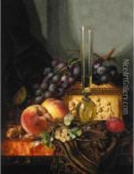 Still Life With Peaches, Grapes, Hazelnuts And A Plum With A Wine Glass And A Casket Oil Painting - Edward Ladell