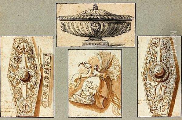 Trois Etudes De Trophees Et Un Vase Antique Oil Painting - Esprit Antoine Gibelin