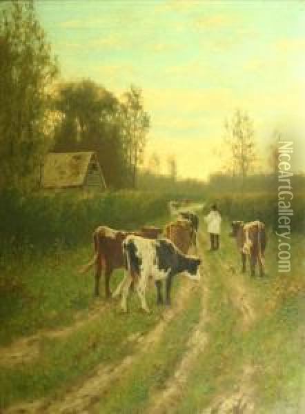 Drovingcattle On A Rural Track Oil Painting - William Frederick Hulk