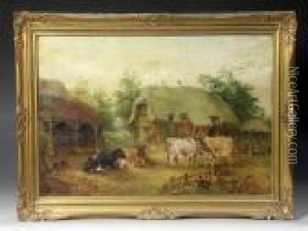 E F Holt 1893 - Goats And Ducks 
In Afarmyard Setting , Oil On Canvas, Signed And Dated, Framed, 19 Oil Painting - Edwin Frederick Holt