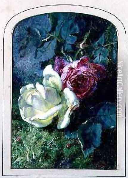 Roses and a ladybird on a mossy bank Oil Painting - Martha Darley Mutrie