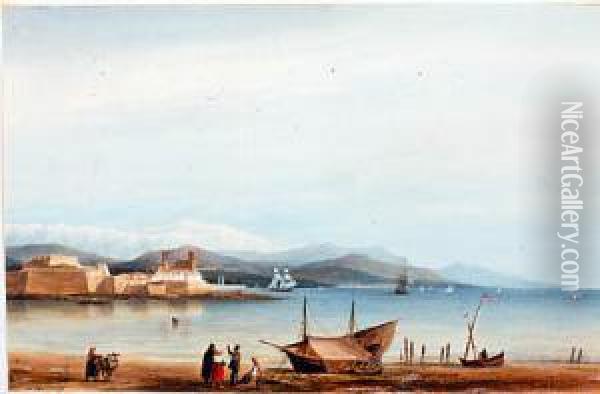 Rivage A Maree Basse, Ville Fortifiee Dans Le Fond Oil Painting - Ambroise-Louis Garneray