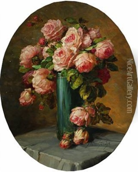 Still Life With Pink Roses In A Vase Oil Painting - Wilhelm Schuetze