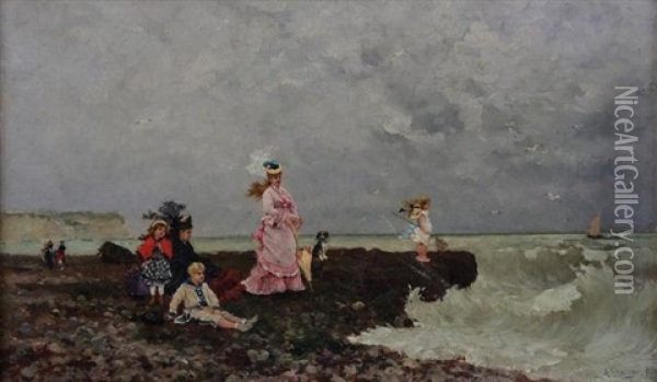 Elegantes Et Enfants Pres Du Rivage Oil Painting - Armand Charnay