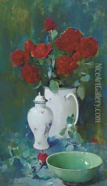 Still Life, Roses and Oriental Vases Oil Painting - Emil Carlsen
