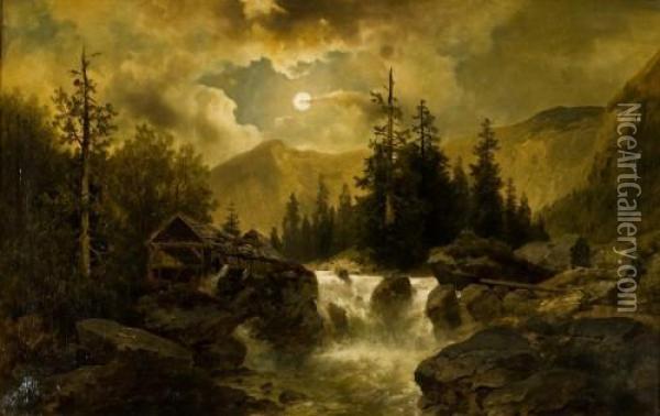 Romantische Landschaft Mit Gebirgsbach Im Mondschein Oil Painting - Josef Thoma