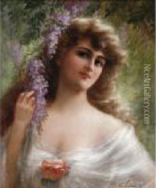 Maiden Under The Wisteria Oil Painting - Emile Vernon