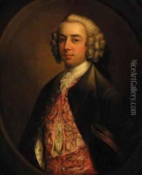Portrait Of A Gentleman, 
Half-length, In A Brown Coat Andembroidered Waistcoat, A Tricorn Under 
His Arm, In A Feignedoval Oil Painting - Stephen Slaughter