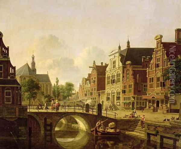 Dutch town scene with canal, figures and a church Oil Painting - Jan Hendrik Verheyen