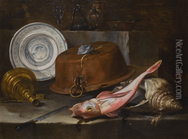 Still Life Of A Red Gurnard And Shell On A Stone Ledge, Before An Upturned Copper Pot And Platter Oil Painting - Giuseppe Recco